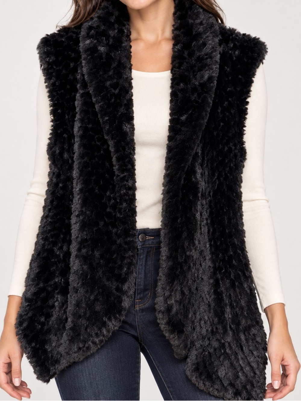 Love Token Black Plush Faux-Fur Draped Vest